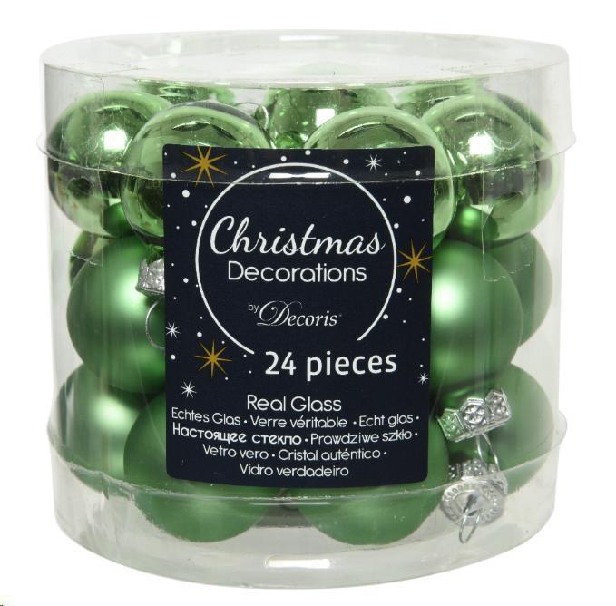 BOX 24 BAUBLES GLASS DIA2.50CM MISTLETOE GREEN-en