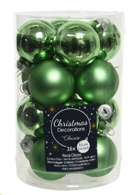 BOX 16 BAUBLES GLASS DIA3.50CM MISTLETOE GREEN-en