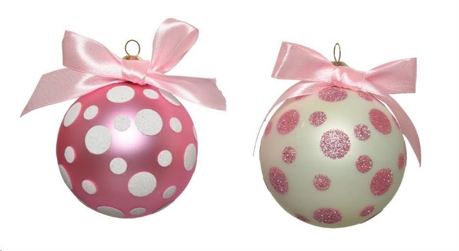 PALLINA NATALE VETRO DIA8CM FIOCCO IN RASO E PUNTINI PINK