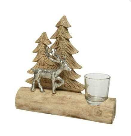 TEALIGHTHOLDER MANGOWOOD TREES DEER NATURAL/SILVER CHRISTMAS-en