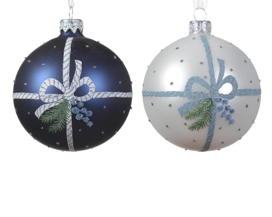 PALLINA NATALE VETRO DIA8CM 2ASS. FIOCCO NATALE ARGENTO/BLU