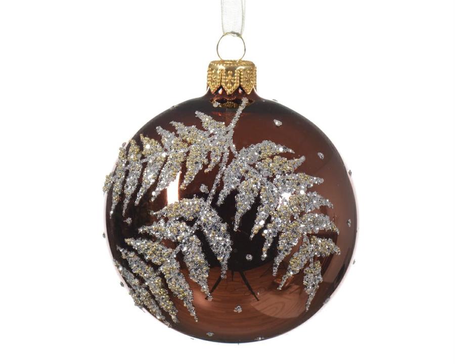 PALLINA NATALE VETRO DIA8CM FOGLIE GLITTER ESPRESSO