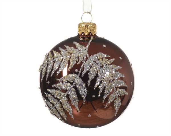 PALLINA NATALE VETRO DIA8CM FOGLIE GLITTER ESPRESSO