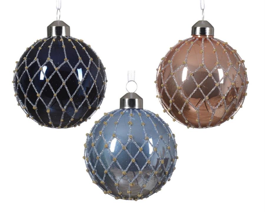 BAUBLE GLASS W SILVER GLITTER CHECKERS- W GOLD BEADS D.8CM A-en