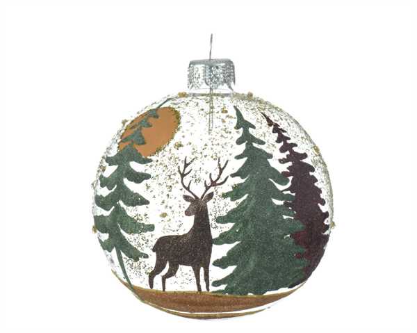 BAUBLE GLASS DEER WITH TREES DIA8CM TRANSPARENT-en