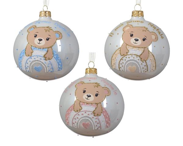 BAUBLE GLASS BEAR ON RAINBOW DIA10CM WINTER WHITE-en