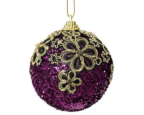 PALLINA VIOLA GLITTER CON FIORI ORO DIA8CM