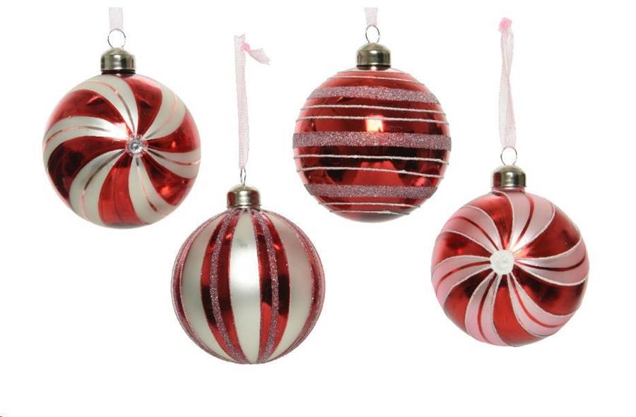 PALLINE NATALE VETRO DIA8CM LINEE GLITTER E DIAMANTI RED/WHI