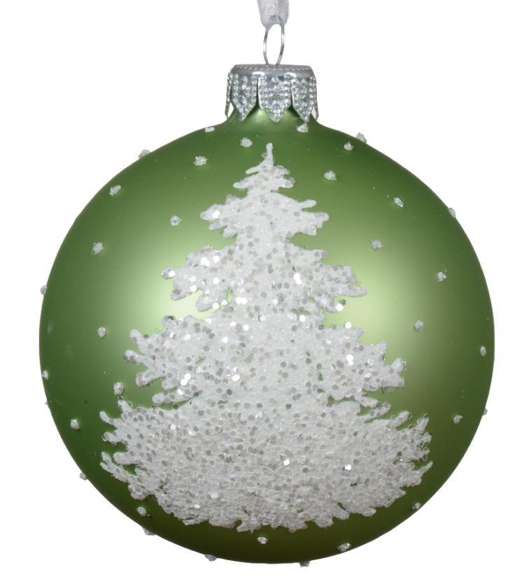 PALLINA VETRO VERDE CON ALBERO BIANCO GLITTER CM.D8