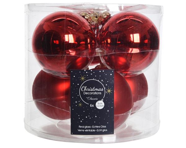 CONFEZIONE 6 PALLINE NATALE VETRO DIA8CM CHRISTMAS RED