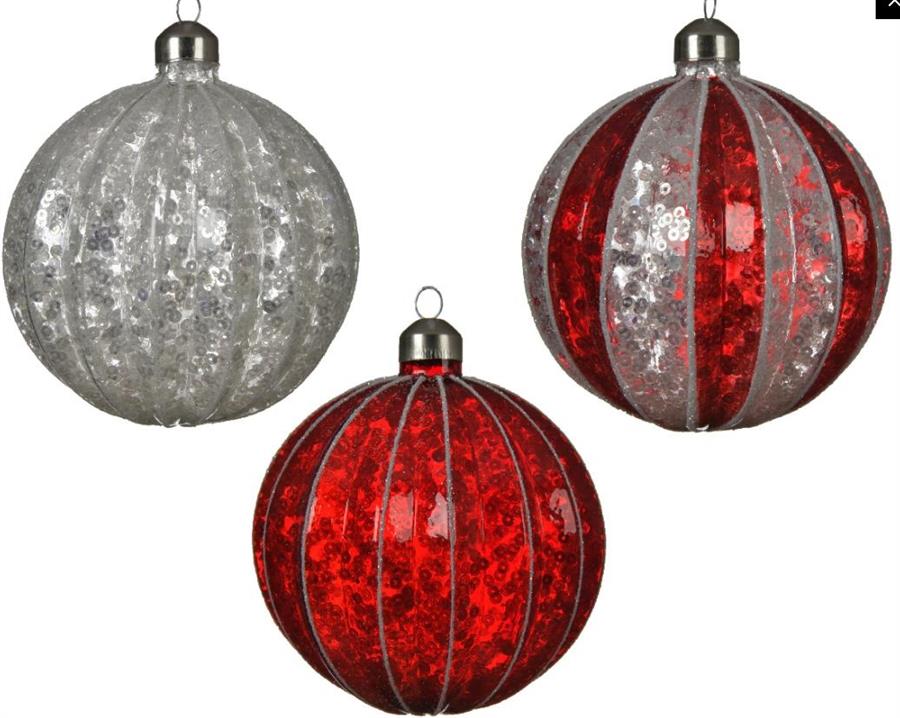 PALLINA NATALE VETRO DIA10CM 3ASS. PAILLETTES ROSSO/ARGENTO