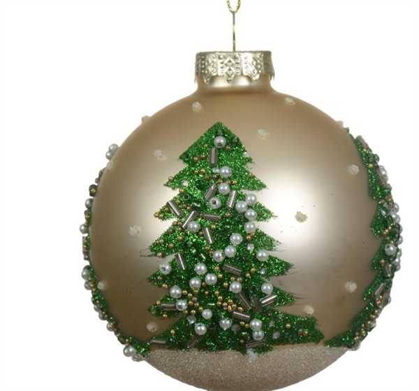 PALLINA CHAMPAGNE VETRO CON ALBERO PERLINE E GLITTER CM.D8