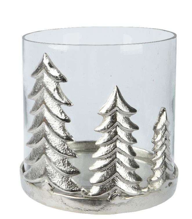 PORTA TEALIGHT ALLUMINIO VETRO CON ALBERI CM.D15,25X16,5H