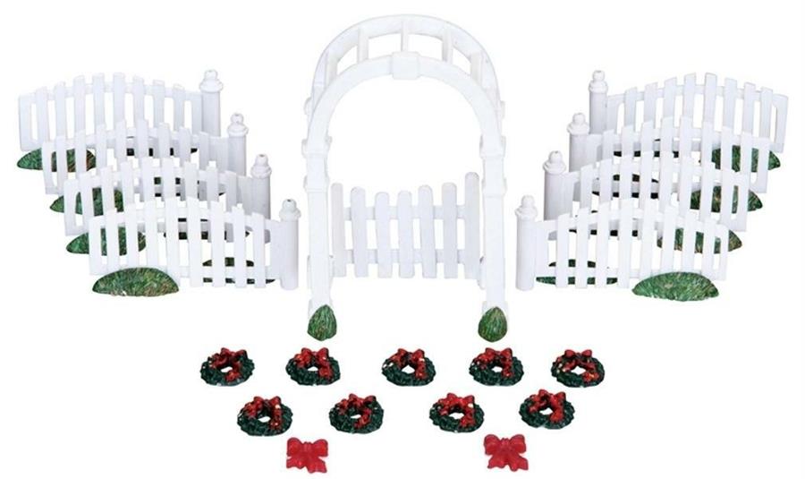 PLASTIC ARBOR & PICKET FENCES W/DECORATIONS, SET OF 20