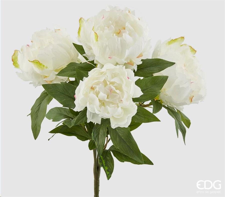 BOUQUET PEONIA 5FIORI BIANCHI CM.H48 CON FOGLIE VERDI