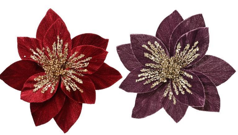 FIORE CON CLIP GLITTER ORO CM.D29X15H 2 ASSORT. ROSSO/VIOLA