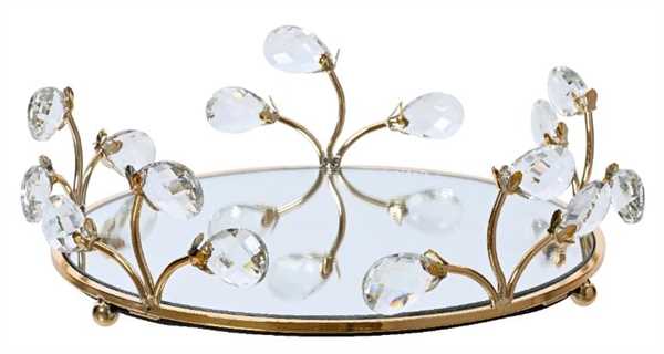 PIATTO METALLO ORO CON SPECCHI E FOGLIE DIAMANT CM.24X10,5H