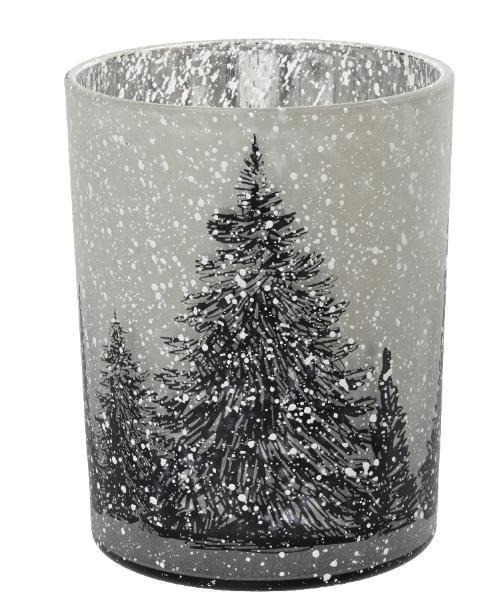 PORTA TEALIGHT VETRO GRIGIO OPACO CON ALBERI CM.D12X18H