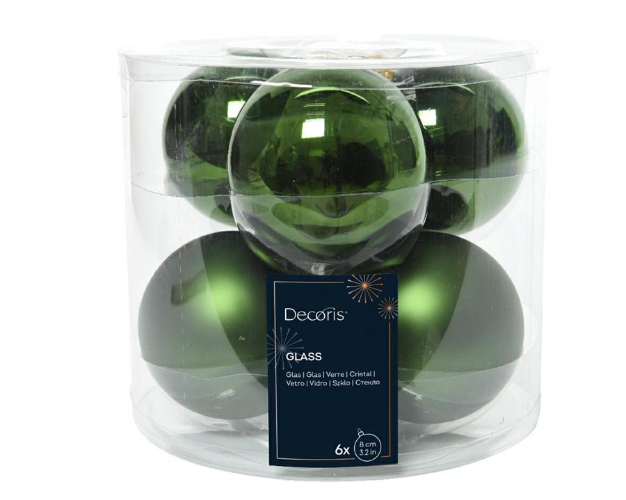 CONFEZIONE 6 PALLINE NATALE VETRO DIA8CM PINE GREEN