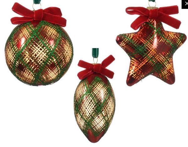 PALLINA NATALE VETRO DIA8CM SCOZZESE 3ASS.SFERA/GOCCIA/STELL