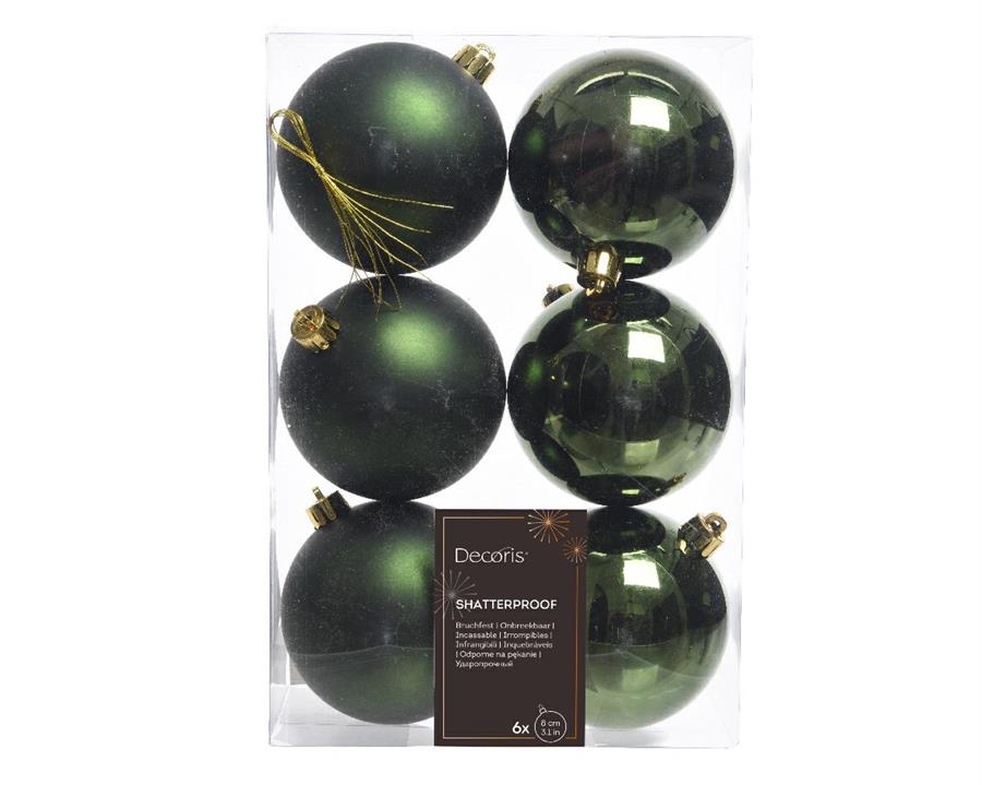 CONFEZIONE 6 PALLINE DI NATALE PLASTICA DIA8CM PINE GREEN