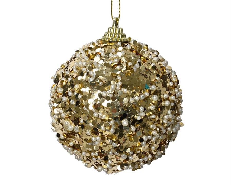 PALLINA NATALE PLASTICA DIA8CM PAILLETTES E GLITTER ORO/BIA