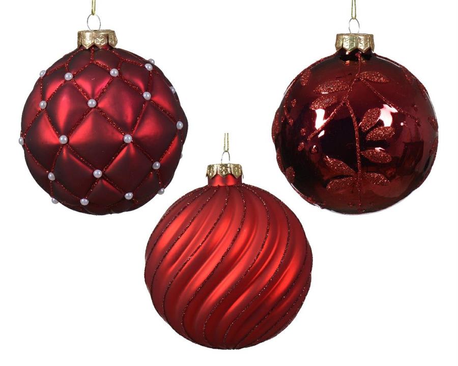 BAUBLE GLASS LINE-CHECK-LEAF DIA10CM CHRISTMAS RED/COL.