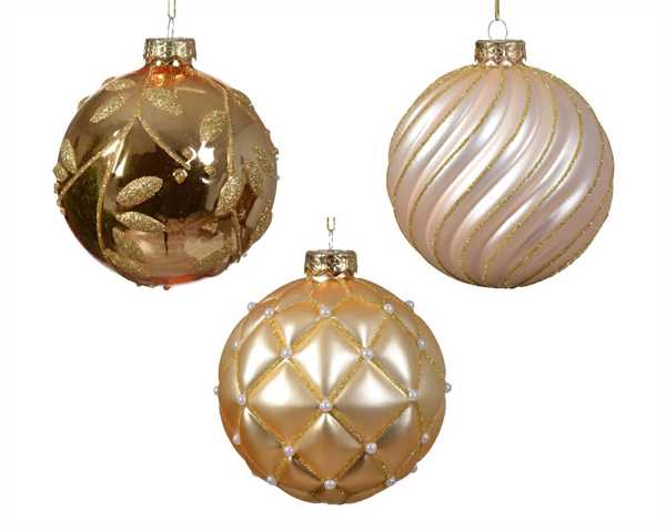 BAUBLE GLASS LINE-CHECK-LEAF DIA10CM PEARL/GOLD