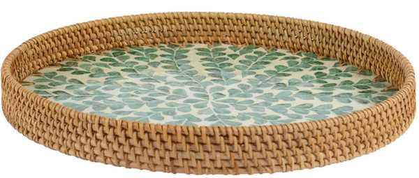 TRAY RATTAN ROUND MILK GLUE LEAF PATTERN GREEN DIA38CM X ALT