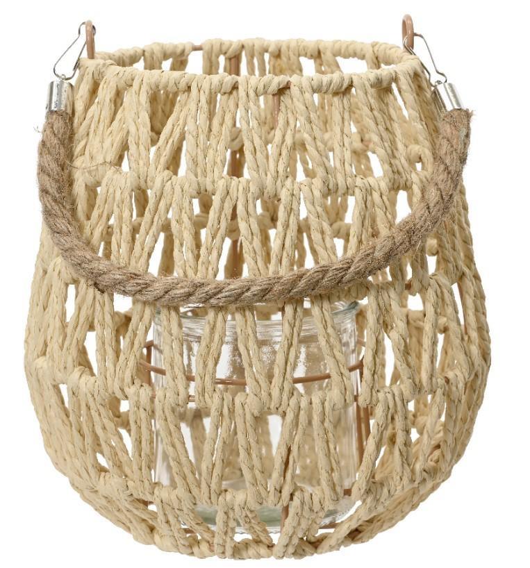 LANTERN PAPERROPE WITH JUTE ROPE HANDLE WITH GLASS CUP NATUR