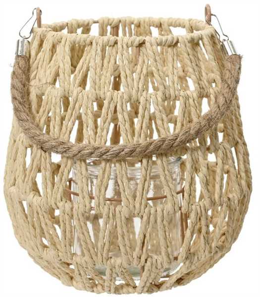 LANTERN PAPERROPE WITH JUTE ROPE HANDLE WITH GLASS CUP NATUR